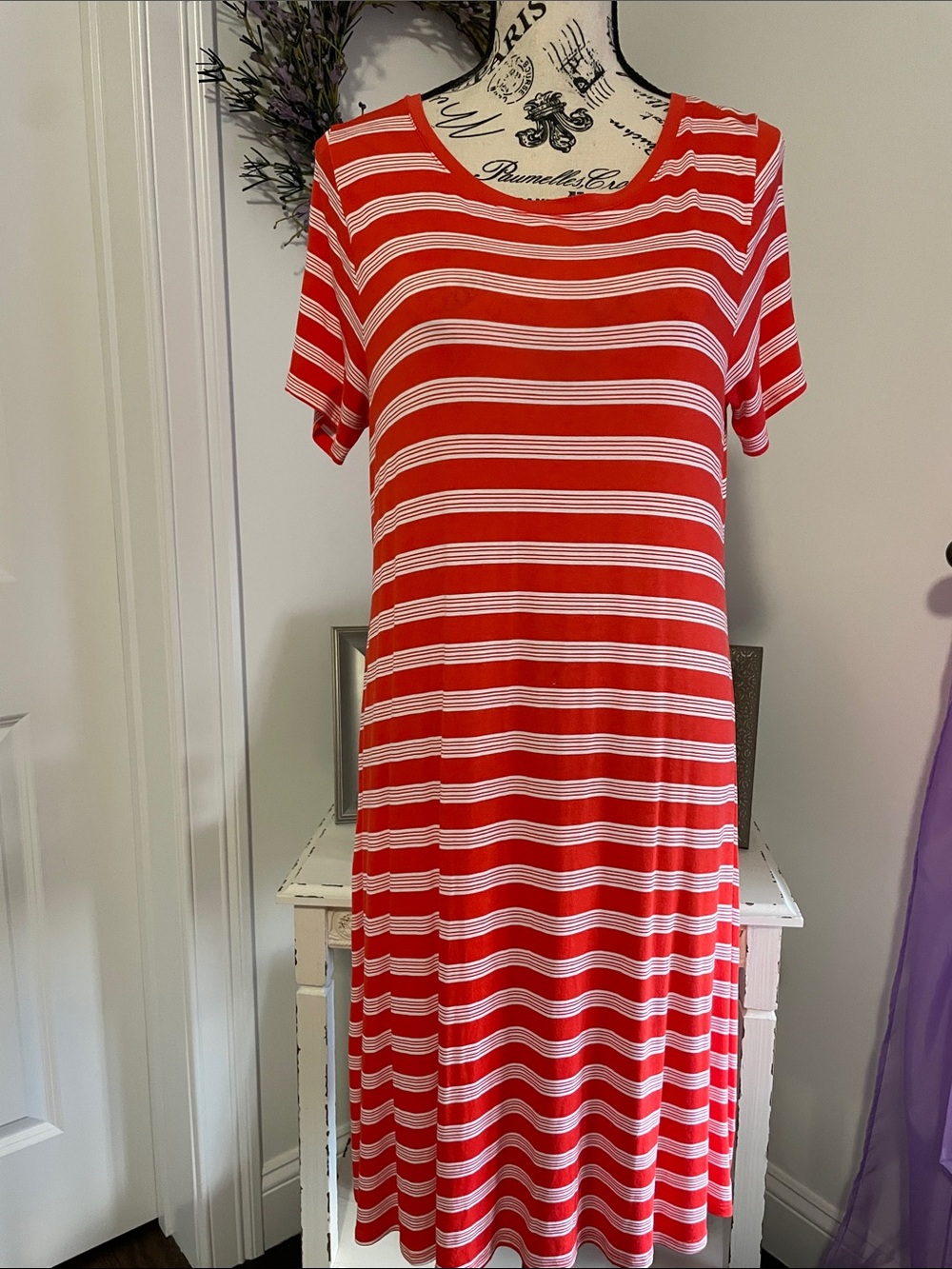 Striped Orange and White Midi Dress with Short Sleeves